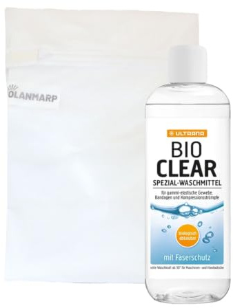 Tvättmedel för kompressionsstrumpor kompressionstvättmedel specialrengöringsmedel – Ultrana Bio Clear för kompressionstvätt och stödstrumpor + Olanmarp tvättnät – Made in Germany (150 ml)
