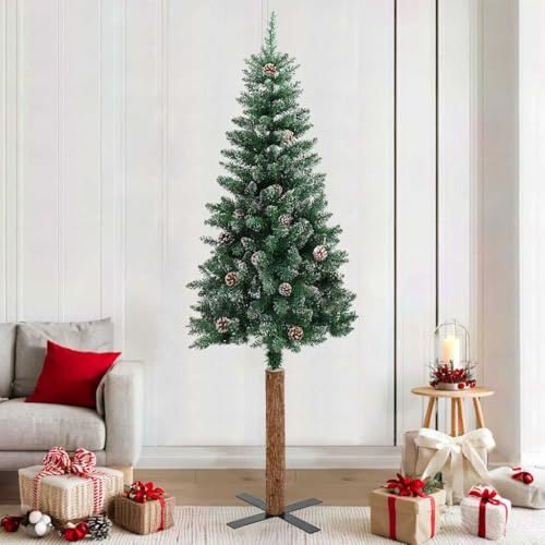 YunCangg Julgran smal med äkta trä och snögrön 210 cm, 465 grenar, 45 kottar, stativ, för inomhus- och skyddade utomhusbruk, naturtrogen, hållbar, gran
