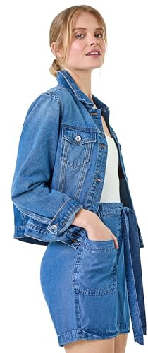Roman Women Jean Denim Jacket - Ladies Cotton Summer Casual Stylish Lightweight Utility Trucker Blazer - Holiday Travelling Cover Up Cropped Fitted Going Out - Blue - Size 16
