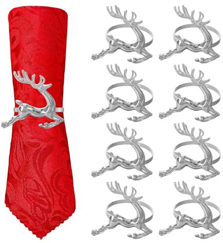 Amosfun 8pcs Christmas Napkin Rings Reindeer Napkin Holders Serviette Buckles for Xmas Holiday Party Dining Table Decoration (Silver)