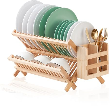 Worthyeah Bamboo Dish Drying Rack, 2 Tier Collapsible Dish Rack with Utensil Holder, Wooden Dish Drying Rack for Kitchen Counter, Large Folding Drying Holder, Dish Drainer 34 pcs Grid