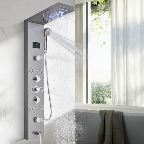 TVTIUO Brushed Nickel Shower Panel Tower Wall Mounted Tower System Shower Tower Panel 5 Functions with 8 Massage Jets…