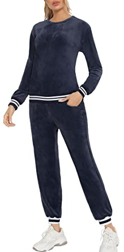 Enjoyoself dam Nicki hemmadräkt sammetslen mjuk 2 delar velour fritidsoverall med paljetter manschetter rund hals långärmad tröja + resår byxor med ficka, A-marinblå, XL