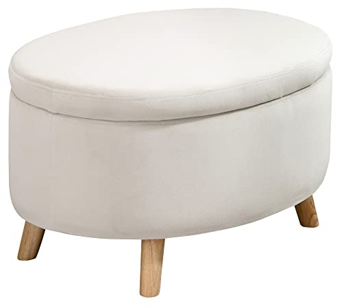 HOMCOM Puff Almacenaje Ovalado, Banco Almacenaje, 71x51,5x42 cm, Tapizado en Terciopelo, con Patas de Madera Maciza, Carga 120 kg, para Sala de Estar, Dormitorio, Entrada, Beige