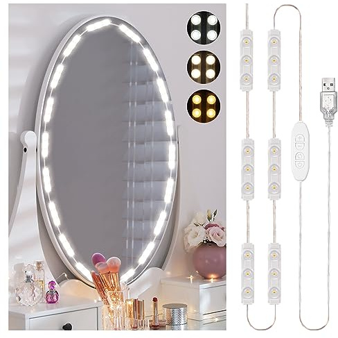 Consciot LED Vanity Lights for Mirror, Hollywood Style Strip, Adjustable Color & Brightness, USB Cable, Dimmable Makeup Stick on Table Dressing Room, White