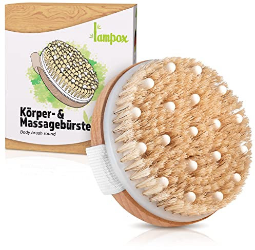 lampox Körperbürste für trockene Haut, Massagebürste, Naturborsten, Trockenbürste Körper Peeling Bürste, Cellulite Bürste, Badebürste, Dry Brush, Massage Bürste, Trockenmassage Bürste
