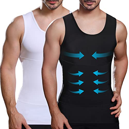 Lgtfy Chaleco moldeador de cuerpo para hombre, camiseta sin mangas de compresión para abdomen en el pecho, camiseta interior para ocultar el vientre, cambio en segundos, Negro/Blanco, XX-Large