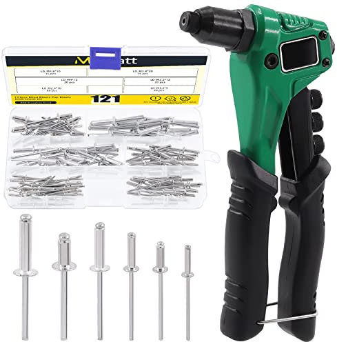 Mardatt 121Pcs Single Hand Rivet Gun with 6 Interchangeable Rivet Heads, M2.4 M3.2 M4 M4.8 Aluminum Manual Pop Rivets Tool-Free Drill Bit Heavy Duty Riveter Tool for Automotive Metal Sheets Repair