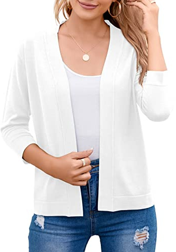 Bettysays Women's Casual Lightweight Summer Cardigan Cropped Jacket 3/4 Sleeve Knit Sweater (Medium,White)