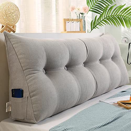Raktov Dreieckiges Kopfteilkissen mit abnehmbarem Bezug, Polster mit Holzrücken, dreieckiges Lesekissen, einfarbiges Keil-Kopfteilkissen für Bett, Sofa, Schlafzimmer, 200 x 50 x 20 cm, Grau