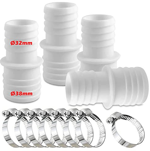 4 Conectores de Manguera de 32 mm a 38 mm de diámetro, Juego con Abrazaderas, Adaptador de Manguera de Piscina, Boquilla de Manguera Doble