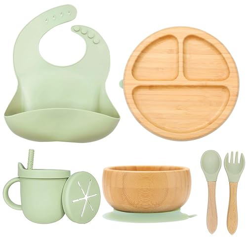 Ensemble de repas pour bébé, assiettes pour bébé avec ventouse, assiettes en bambou, bol pour bébé, assiette à ventouse et assiette pour bébé, ensemble de sevrage en bambou pour enfants (vert)