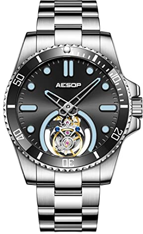 Aesop Orologio da uomo Tourbillon Lunetta girevole unidirezionale Orologio da polso meccanico a carica manuale Orologio da uomo con zaffiro luminoso di lusso 7060(Quadrante nero-nero)