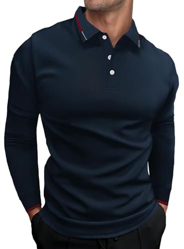 HMIYA Herren Poloshirt-Langarm Poloshirt aus Baumwolle atmungsaktiv Golf Casual T-Shirt,Navy,L