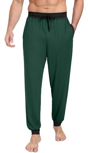 PrinStory Mens Pyjama Bottoms Knit Pjs Bottoms Soft Men Pyjama Pants Comfy Lounge Pants With Pockets Pyjamas Trousers (Dark Green Colour Clash, L)