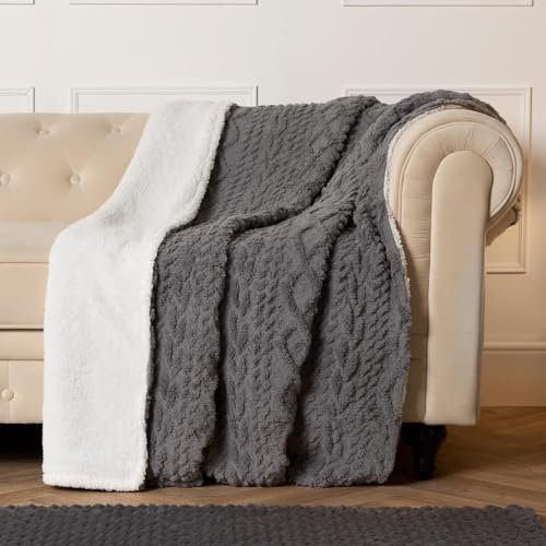 OHS Knitted Sherpa Blanket, Cable Knit Throws for Sofa Ultra Soft Teddy Fleece Warm Blanket for Bed Winter Thermal Blanket Living Room Bedroom - Cream, 130 x 160cm