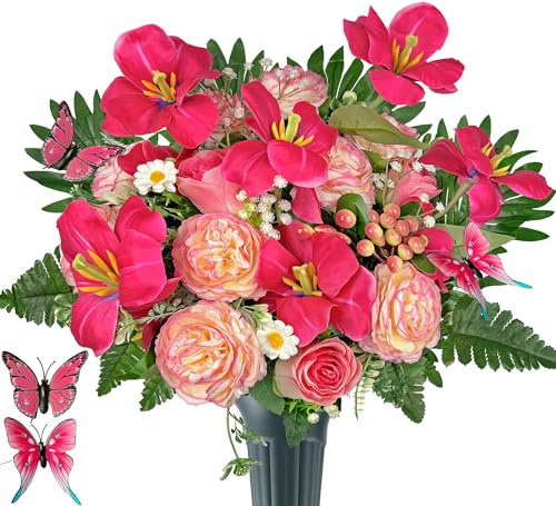 HENOMO Artificial Cemetery Flower Bouquet with Grave Vase for Headstone Decoration-Tulips in Bloom Pink Ranunculus,Easy Fit and Colorfast