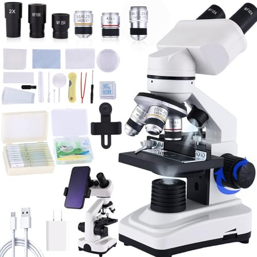 Binocular Microscope Magnification 40X-2500X, WF10x/25x Eyepieces, Dual LED Illumination, Suitable for Schools Home Labs Educational Adult Microscope
