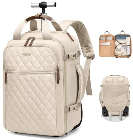 GOLF QUALITY Rollbarer Reiserucksack mit Rollen, Damen Schulrucksack Persönlicher Artikel, Rucksack Herren mit Rädern, Untersitz, Handgepäck,17 Zoll Aprikose