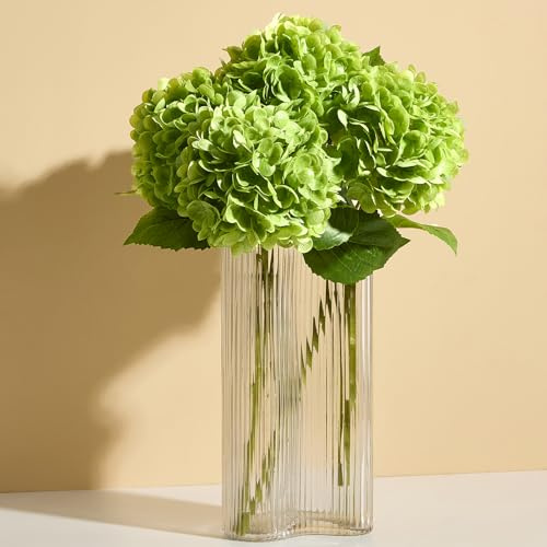 Real Touch Green Hydrangea Artificial Flowers (4-Pack) -20 Faux Hydrangea Flowers with Long Stem & Leaves Realistic Fake Hydrangeas for Home Decor Floral Arrangements Wedding Bouquets Centerpieces