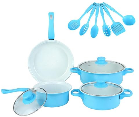 Non Stick Cookware Set, Induction Compatible Kitchen Pot and Pan Set Includes Frying Pan, Saucepan and Stew Pot, Healthy Cooking Ceramic Coating(Blue)