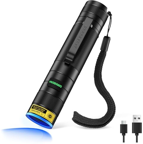 DARKBEAM Torcia UV 365nm Mini LED [4-core] Torce Luce nera ultravioletti, Lampada di Wood Portatile ricaricabile, Rileva Urina di Cane/Gatto, per resina, minerale, ambra, vetro uranio, sangue