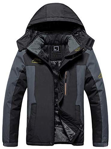 R RUNVEL Mens Coats Waterproof Winter Jacket Warm Jacket Hiking Ski Fleece Walking Mountain Outdoor Snow Rain Thermal Jacket Coat Black UK XXXL Plus