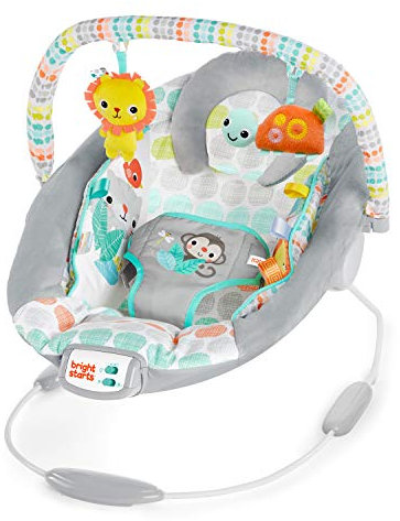 Bright Starts Sdraietta per bambini Confortevole con Vibrazioni Rilassanti - Taggies, Musica, Barra dei Giocattoli Rimovibile, 0-6 Mesi Fino a 9 kg (Whimsical Wild)