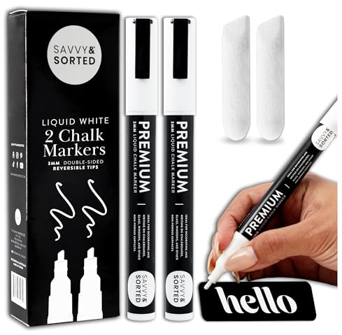 SAVVY & SORTED Erasable White Chalk Markers, 2PK 3mm Liquid Fine Tip Pens Chalkboard Bistro Marker for Glass Window Board