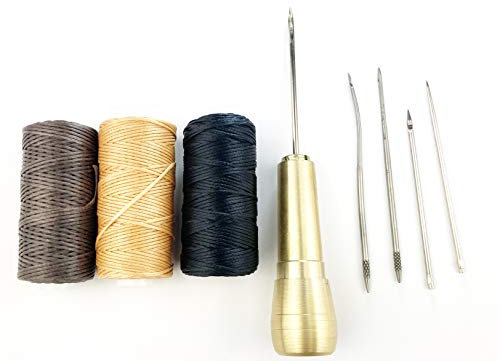 Becho - Agujas de coser con mango de cobre para reparación de zapatos y hilo encerado 150D y 150 m para costura, tela, cuero (dorado)