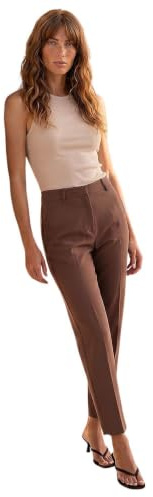 Roman Straight Leg Stretch Trousers for Women UK Ladies Work Office Smart Suit Pants Slacks Cigarette Tailored High Elasticated Waist Ankle Grazer Slim Angela - Regular Brown (28 inch) - Size 16
