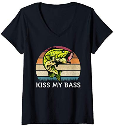 Damen Küssen Sie meinen Bass Cute Vintage Bass Fishing Design T-Shirt mit V-Ausschnitt