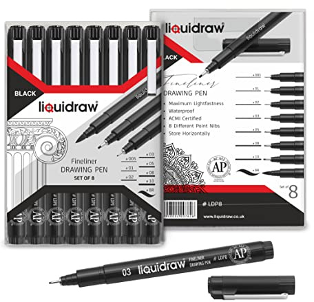 Liquidraw Drawing Pens - Set Of 8 Sizes | Fineliner Black Pens - Waterproof | Includes Brush Pen For Artists, Architects, Technical Drawing | Ideal for Writing, Calligraphy, Sketching & Illustrations