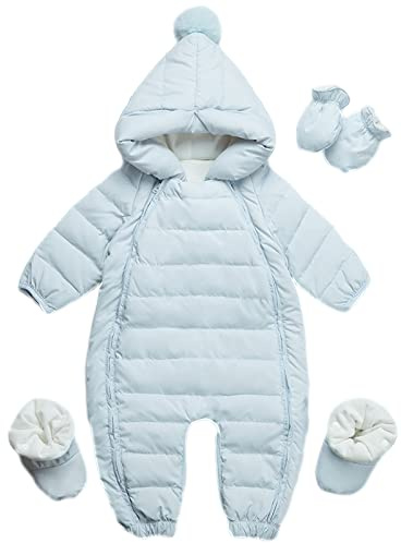 amropi Combinaison de Neige Bébé avec Gants et Chaussons Fille Garçon Manteau à Capuche Jumpsuit Bleu,12-18 Mois