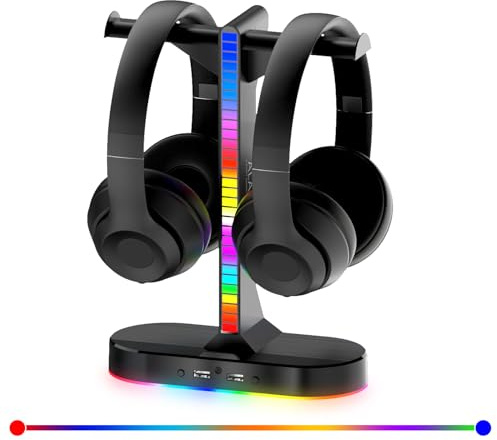 ALACOO Dual Headphones Stand for Desk with 2 USB Port and 3.5mm Audio Port, Double Headphone Hanger Led, Headset Stand RGB with Non-Slip Base, Gaming Headset Holder for Gamer, All Headsets/Earphones
