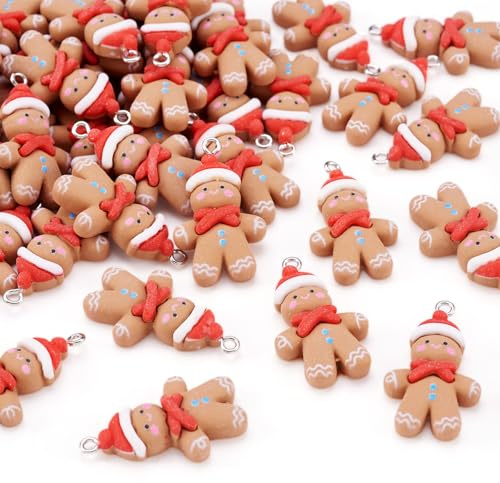 Bestewelry 50Pcs Christmas Theme Charms Lovely Opaque Red Gingerbread Man Resin Charms Sandy Brown Gingerbread Man Charm with Platinum Tone Iron Loops for Necklace Earring Jewelry Making