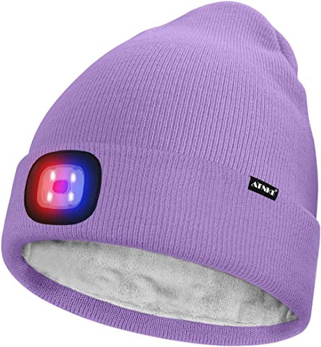 ATNKE Unisex LED mössa med ljus,USB uppladdningsbara 4 LED röd och blå glöd Blinkande Ljus Cap för Löpning Ljus Varm Fleece Foder Punkt Mössa Gåvor för män och kvinnor, Taro lila, one size