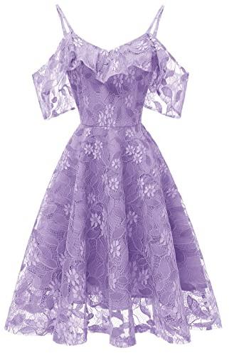 IWEMEK Women Vintage Lace Ruffle Dress Cold Shoulder Spaghetti-Strap Sleeveless V-Neck A-line Skater Swing Dresses for Bridesmaid Wedding Guest Cocktail Party Prom Evening Gown Light Purple M