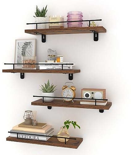 HORLIMER Set of 4 Floating Shelves for Wall, Wooden Wall Shelf with Brown Shelves and Black Metal Front Rail, Ideal for Kitchen, Bedroom, Living Room, and Bathroom