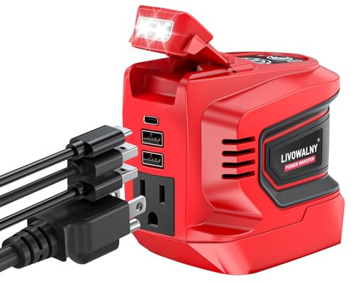 LIVOWALNY 220-250W Power Inverter Compatible with Milwaukee 18V Battery - DC 18V to AC 110-120V Portable Power Station with 1 AC Outlet - 2 USB 1 Type-C & LED Light for Camping Power Outage -Tool Only