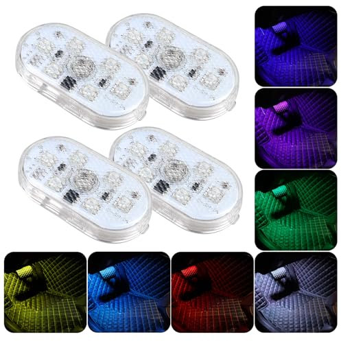 4 Pcs Car Led Interior Lights, 7 Colors Footwell Lights for Cars Interior Ambient Lighting USB Rechargeable Wireless Touch Car Light for Boot, Doors, Armrest Boxes, Sitting Areas