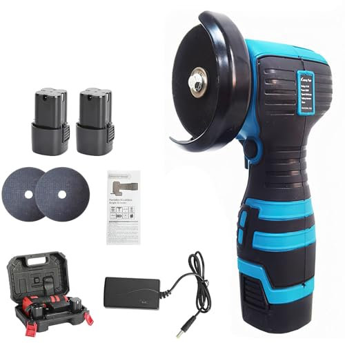 Winkelschleifer, Mini Winkelschleifer 600W, mit Batterien und schnelles Ladegerät, 2 Trennscheiben, Professional Akku Winkelschleifer für Polieren, Schleifen und Schneiden (Blau*2 Akku)