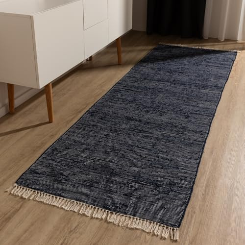 benuta Basic Baumwollteppich Tom - Dunkelblau 80x300 cm - Handgewebter Wohnzimmer Teppich - 100% Recycelte Baumwolle - Für Fußbodenheizung geeignet