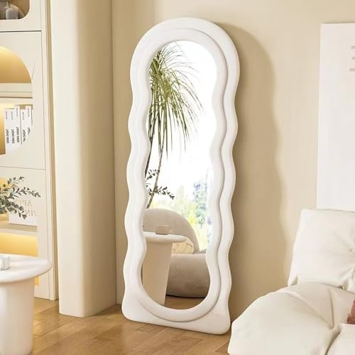 Specchio per Tutto Il Corpo Specchio da Terra 63x24, Specchio da Parete Irregolare Specchio Figura Intera Ondulato per Camera da Letto, Soggiorno, Appeso o Appoggiato al Muro, Beige
