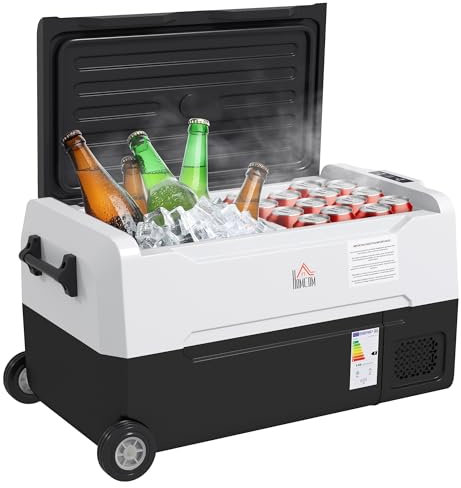 HOMCOM Nevera Compresor Portátil 30,5L Refrigerador de Coche -20℃-20℃ 12 / 24V DC y 100-240V CA con 2 Ruedas Asas y Compartimento Congelador para Camping Viajes 72,6x39x37,3 cm Negro