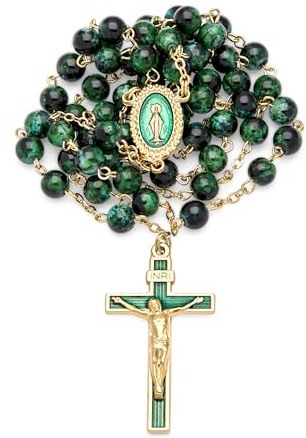 Mondo Cattolico - Rosario Católico de la Virgen Milagrosa con Vidrio Variegado en una Cadena de Latón dorada - Ideal regalos religiosos (Verde)