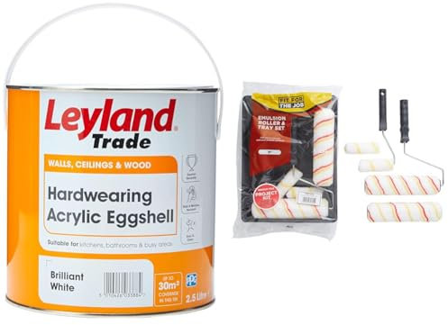 Leyland Trade Acrylic Eggshell Paint - Brilliant White 2.5L & Fit For The Job 7 piece Emulsion Paint Roller Set, 2x 9 inch & 2x Mini Paint Rollers