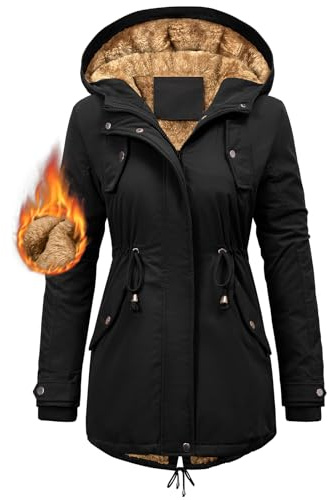 CMTOP Abrigos Mujer Invierno Termico Abrigo Forro Polar Chaqueta Invierno Largo con Capucha Chaqueta Cremallera Cálido a Prueba de Viento Casuales Parka con Cordón y Bolsillos(Negro, L)