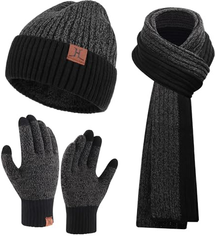 Bequemer Laden Hommes Hiver Chaud Bonnet Tricot Longue Echarpe Gants Tactiles Ensemble pour Temps Froid Cadeaux Homme