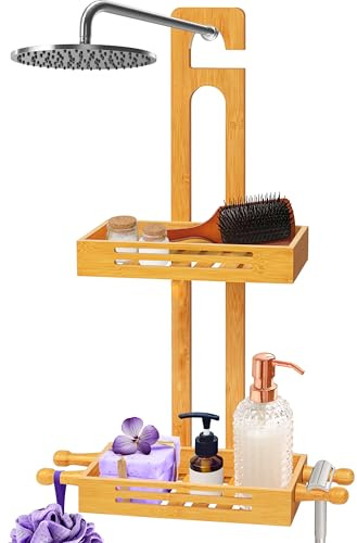 SereneLife Duschablage zum Hängen, Shampoo Halterung für Dusche aus Bambus, Duschkorb zum Hängen-2-stöckig, Duschregal ohne Boren, Hängeregal Bad mit 67.3cmH, Duschorganizer mit Lackierte Oberfläche